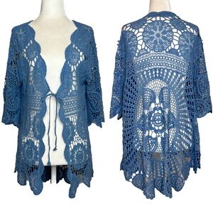 Crochet Open Knit Tie‎ Front Longline Cardigan. One size